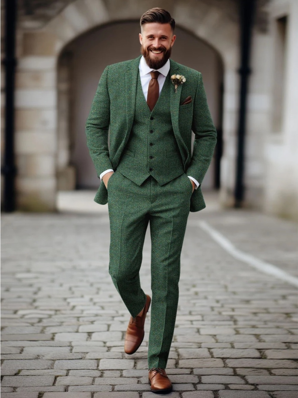 Men's Green Three-Piece Tweed Suit with Matching Waistcoat
